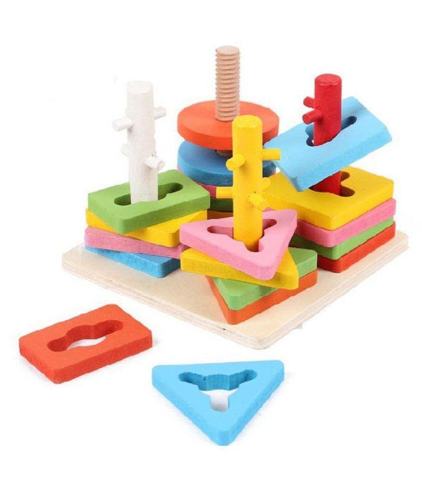 Emob Wooden Blocks Geometric Shape Matching Four Sets of Column ...