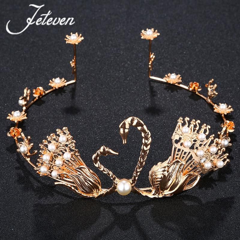 Baroque Gold Bridal Tiara Double Dancing Swan Crown Princess