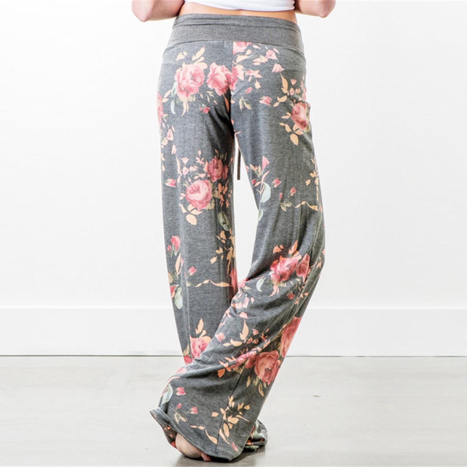 Buy Women Floral Print Wide Leg Pants Loose Ladies Summer Ankle Length ...