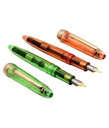 Set Of 2 - Jinhao 992 Justice Fountain Pens Transparent Saffron Orange &amp; Apple Green With Golden Trims Dual Tone Fine Nib