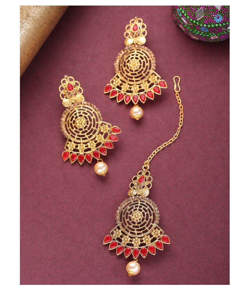     			Priyaasi Gold-Plated Red Stone Studded Round Shape Maang Tikka With Drop Earrings Set