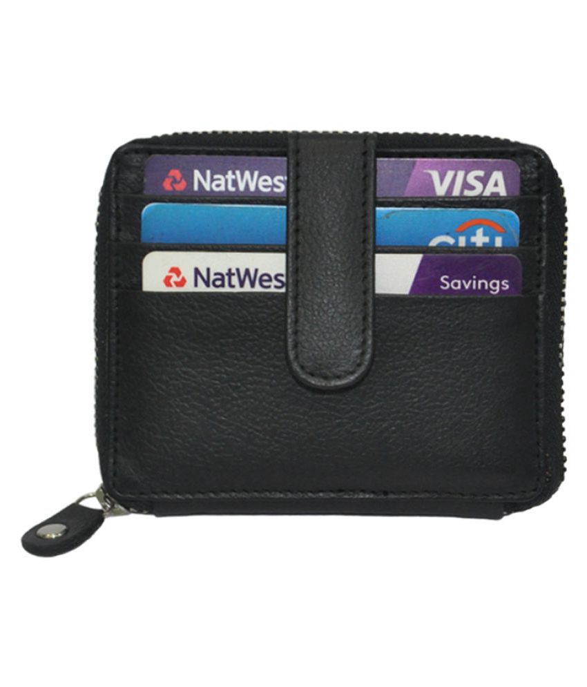     			Hide&Sleek Genuine Black Leather RFID Protected Card Holder Zipper Clouser