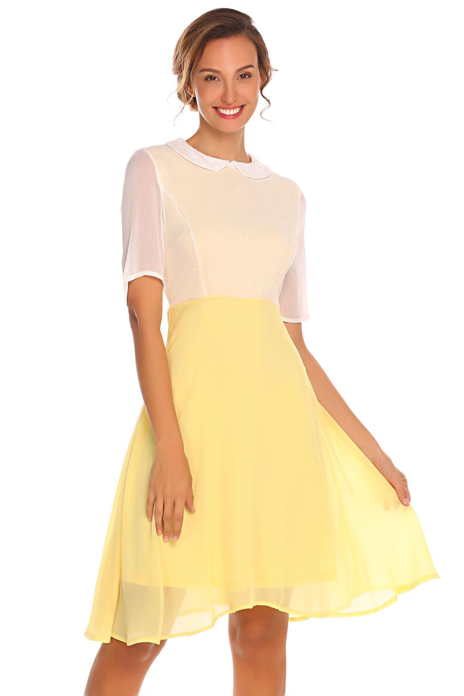 Women Doll Collar Half Sleeve Contrast 