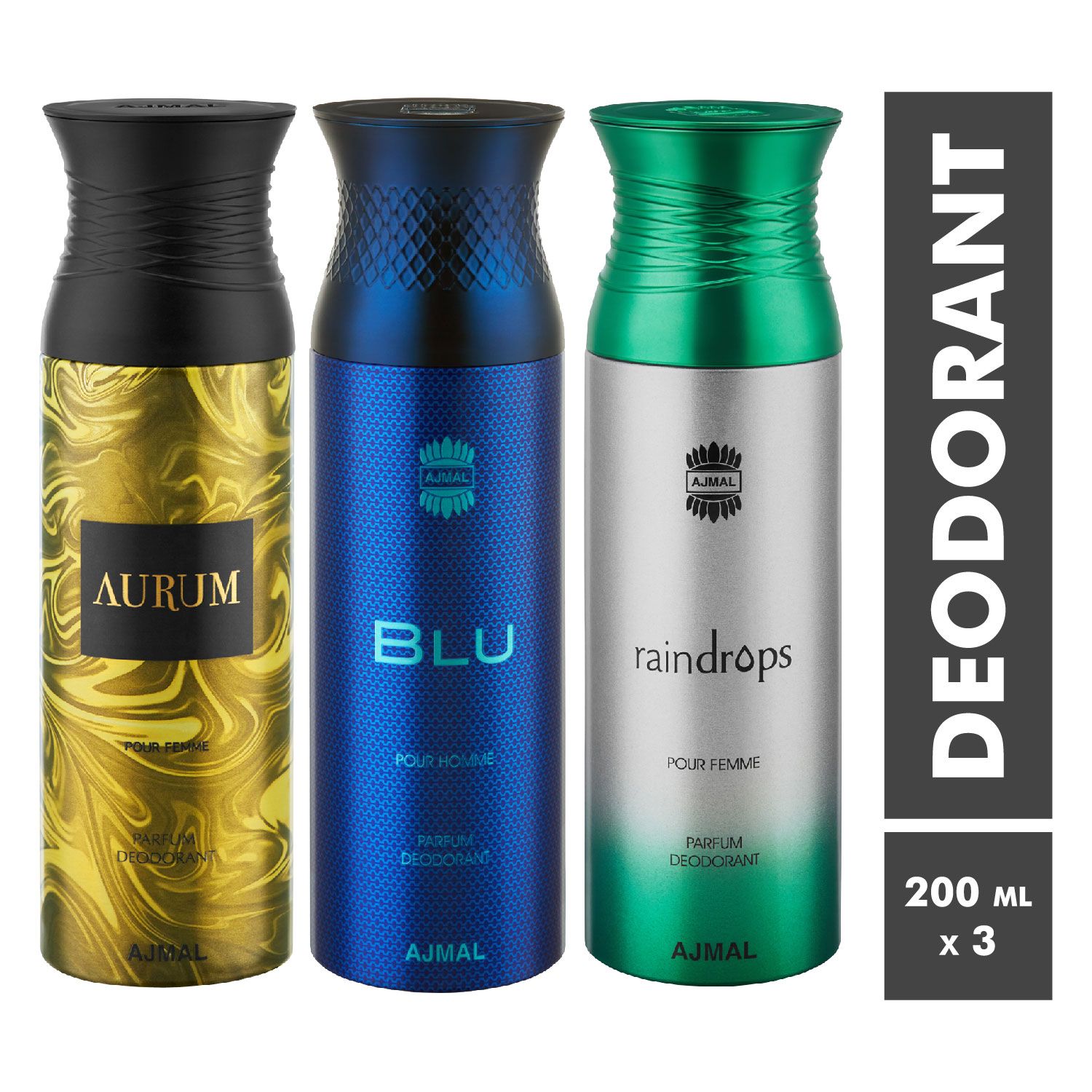     			Ajmal Aurum & Blu & Raindrops Deodorant Spray - For Men & Women (200 ml, Pack of 3)