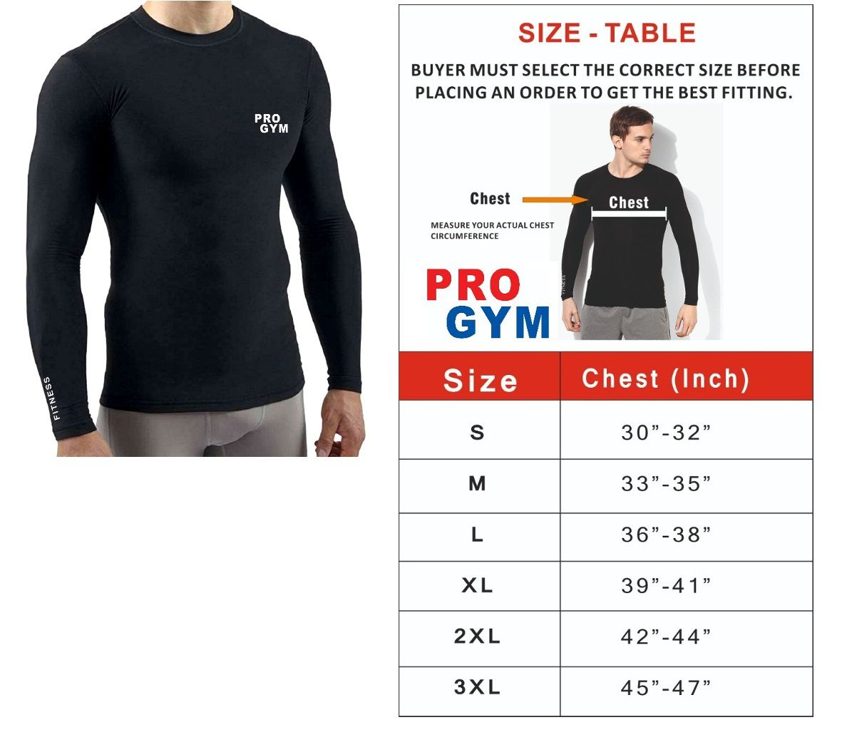     			Pro Gym Unisex 100% Polyester Full T-Shirt, Cool Dry Athletic Compression Long Sleeve Base Layer Workout T-Shirts