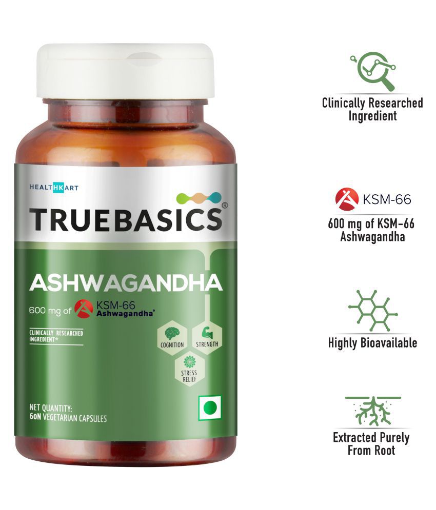 TrueBasics Ashwagandha, 600 mg of KSM 66 Ashwagandha, Energy and Immunity Booster, Anxiety and Stress Relief, 60 Capsules