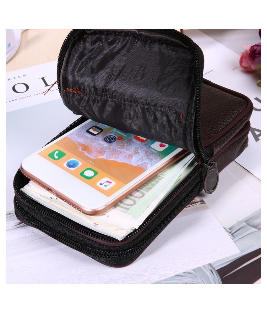Men Business Phone Holder Bag Case PU Leather Zipper Flap Waist Pack Wallet