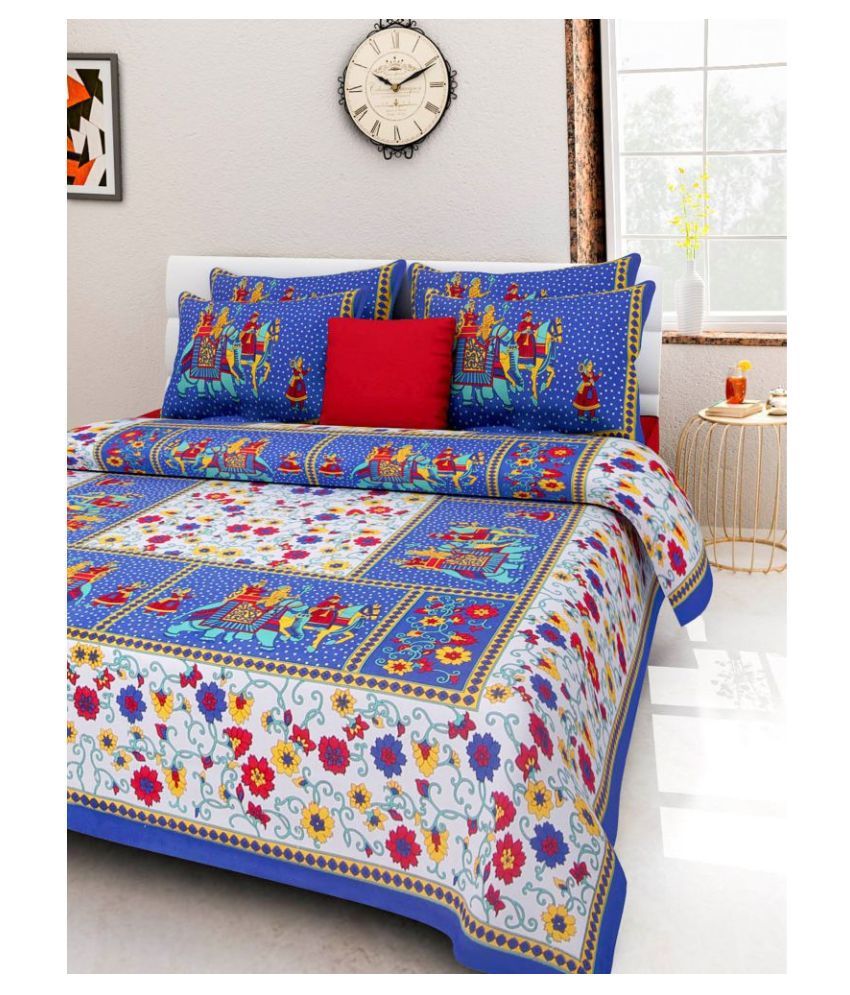     			Frionkandy - Blue Cotton Double Bedsheet with 2 Pillow Covers