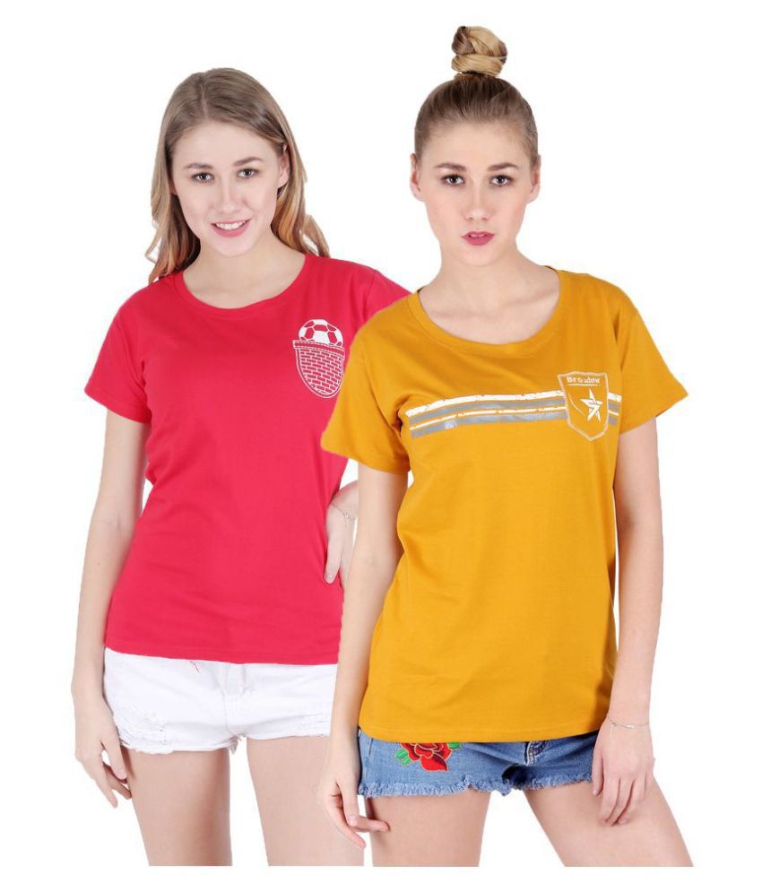 Broadstar Pink and Yellow Cotton Lycra T-Shirts Pack of 2