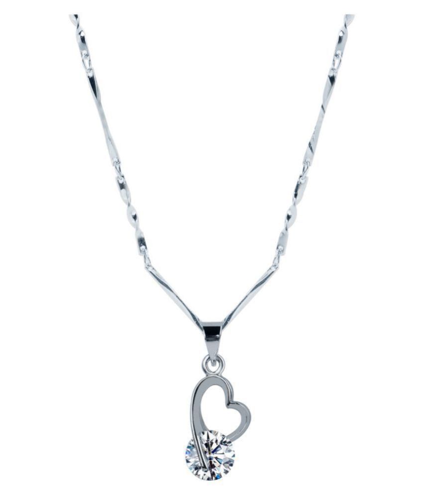     			Silver Plated chain With Beautiful Heart Shape Solitaire Diamond Pendant  For Women