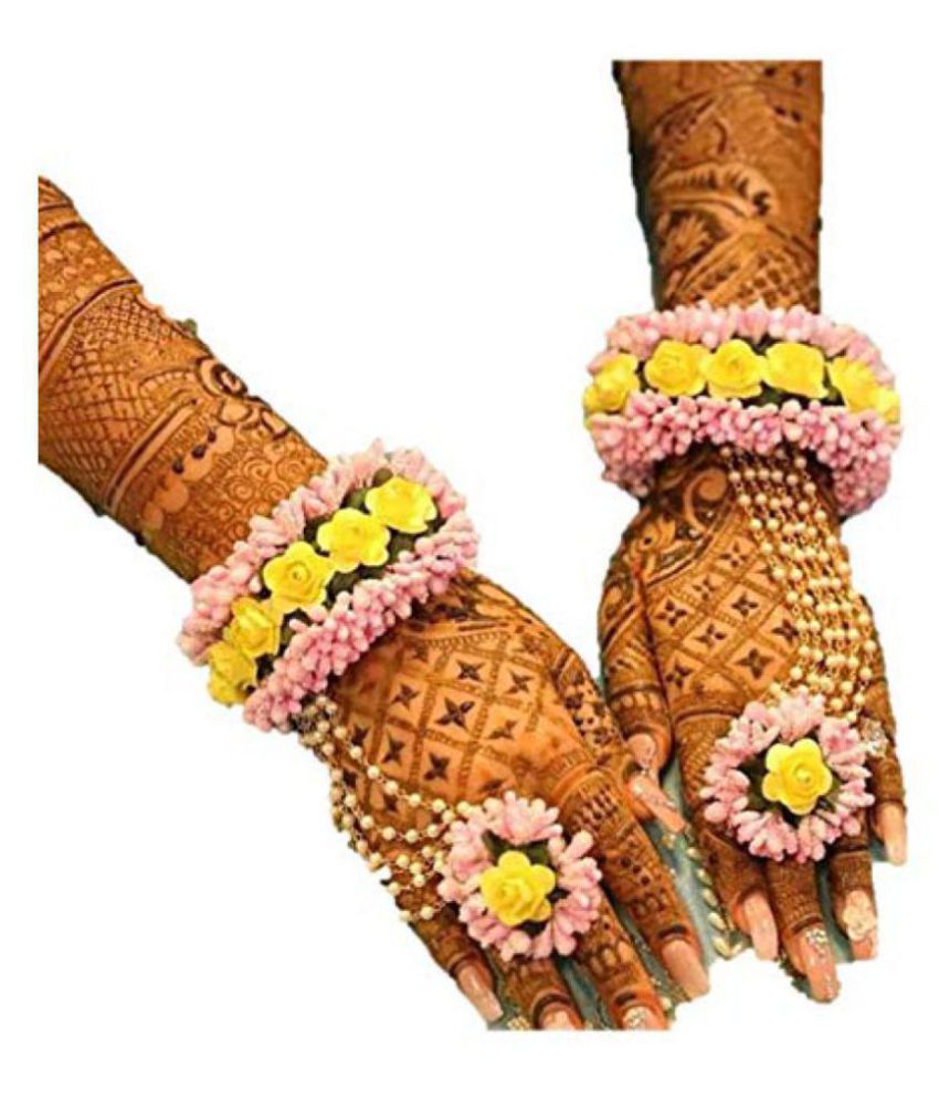 Pearl Flower Jewellery Bracelets Yellow And Pink With Ring For Mehandihaldiweddingbridal