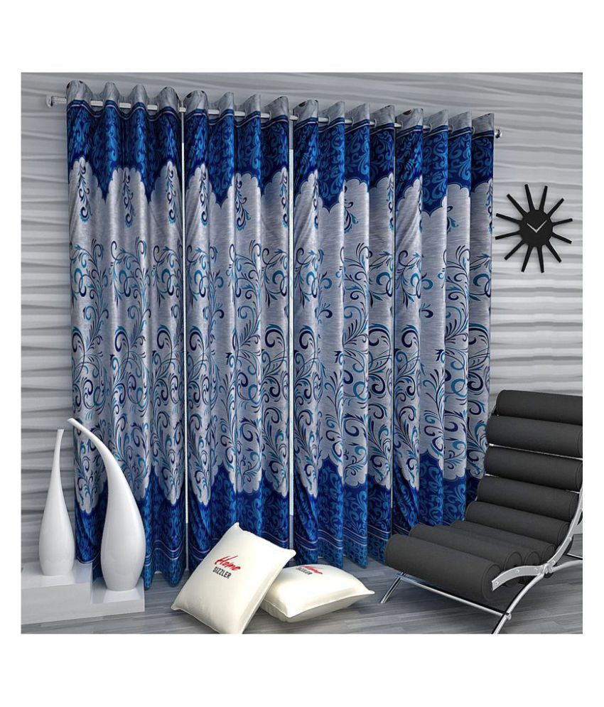 Home Sizzler Set of 4 Door Semi-Transparent Eyelet Polyester Curtains Blue