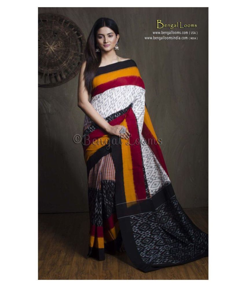 Generic Bands Black Red Yellow White Cotton Saree Buy Generic