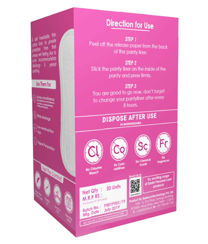 Sanfe Rash Free Panty Liners, 100 Organic Cotton and Biodegradable, 25