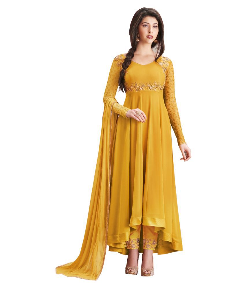 peach embrodered net semistitched anarkali Dress Material