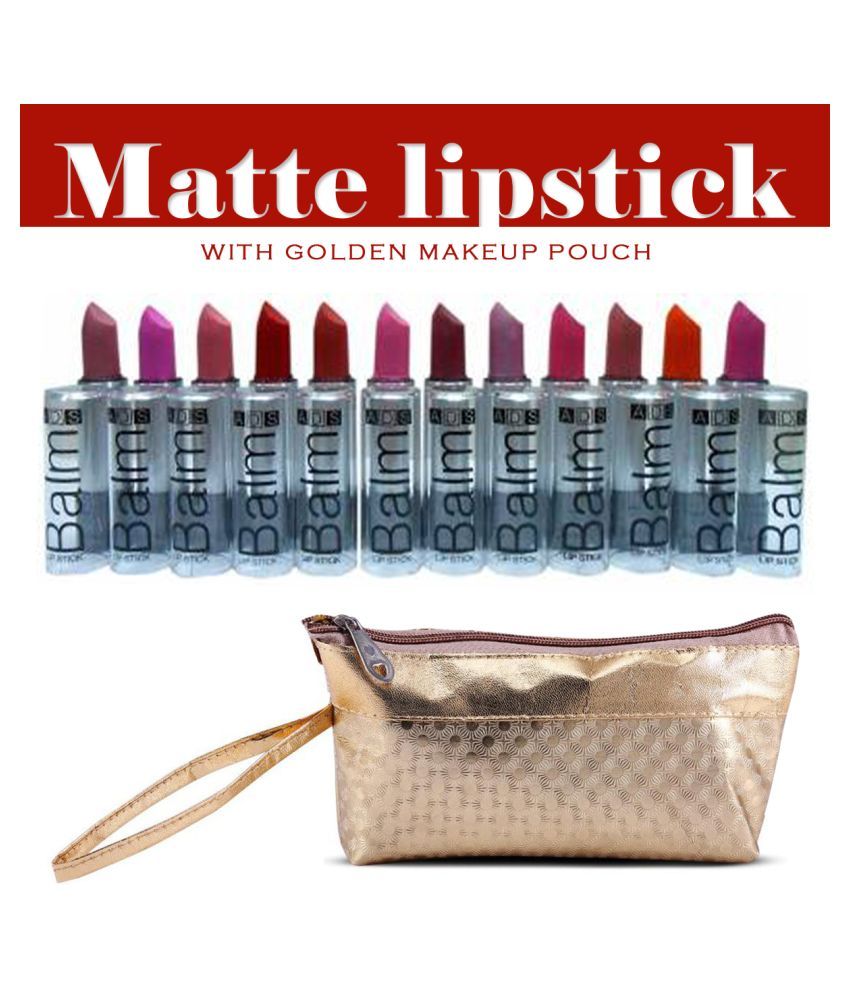     			ADS Matte Pack of 12 Multicolor Lipstick & 1 Gold Makeup Pouch