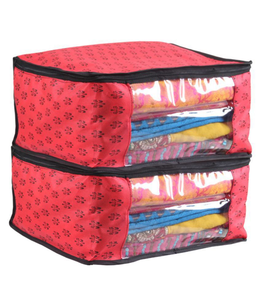     			PrettyKrafts Saree Cover Small Flowers Prints/Wardrobe Organiser/Clothes Bag(Set of 2)_Red