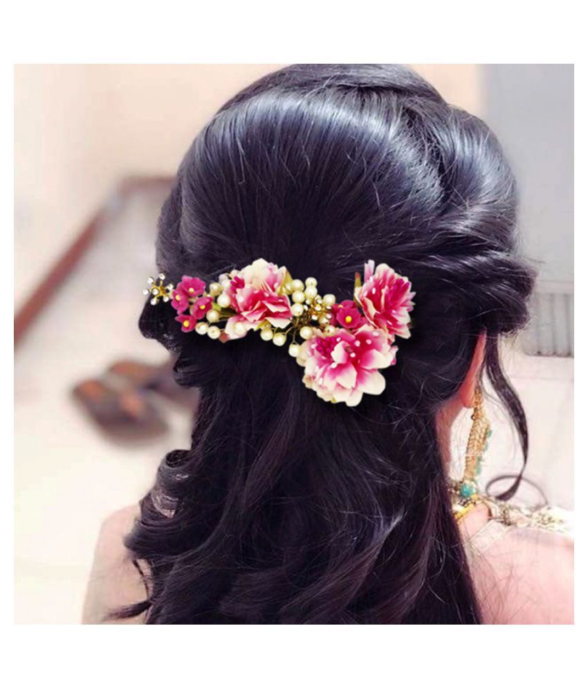 Jewelmaze Multicolor Flowers White Pearls Hair Brooch