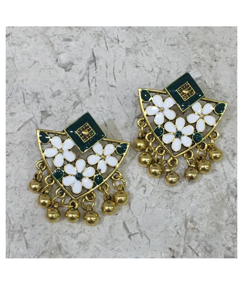     			Digital Ethnic Gold Plated Oxidised Metal Alloy Stud Earrings Traditional Golden Floral Green Enamel Work Ghungroo Earrings Jewellery Stylish Fancy Party Wear Jhumki/Jhumka For Women and Girls
