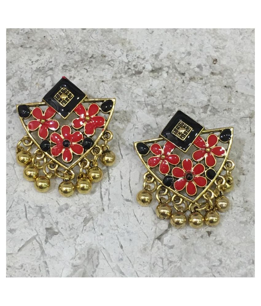    			Digital Ethnic Gold Plated Oxidised Metal Alloy Stud Earrings Traditional Golden Floral Black & Red Enamel Work Ghungroo Earrings Jewellery Stylish Fancy Party Wear Jhumki/Jhumka For Women and Girls