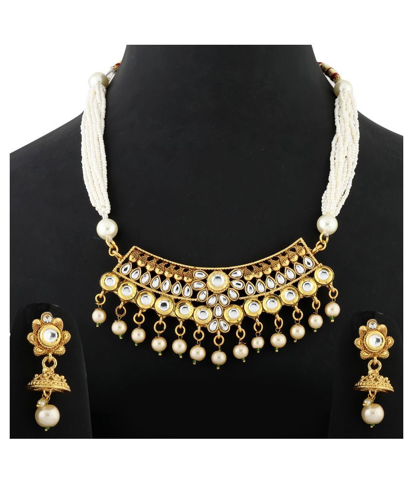     			Silver Shine Zinc Golden Choker Traditional Gold Plated Necklaces Set