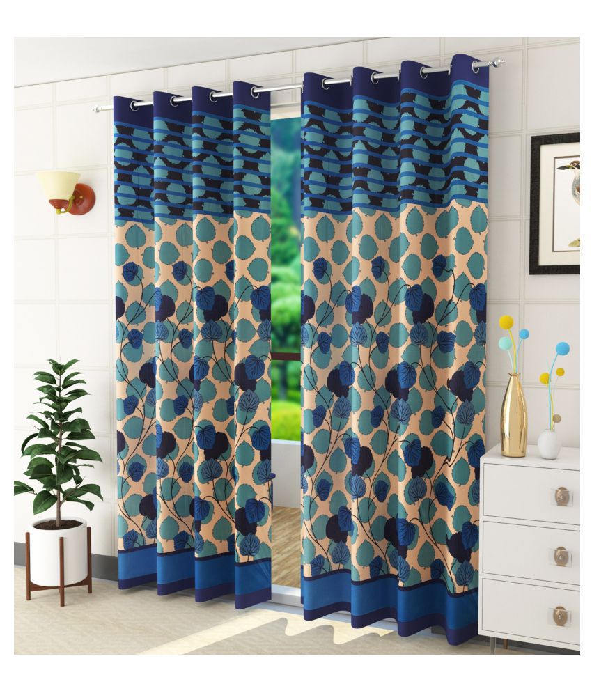     			Homefab India Floral Semi-Transparent Eyelet Door Curtain 7ft (Pack of 2) - Blue