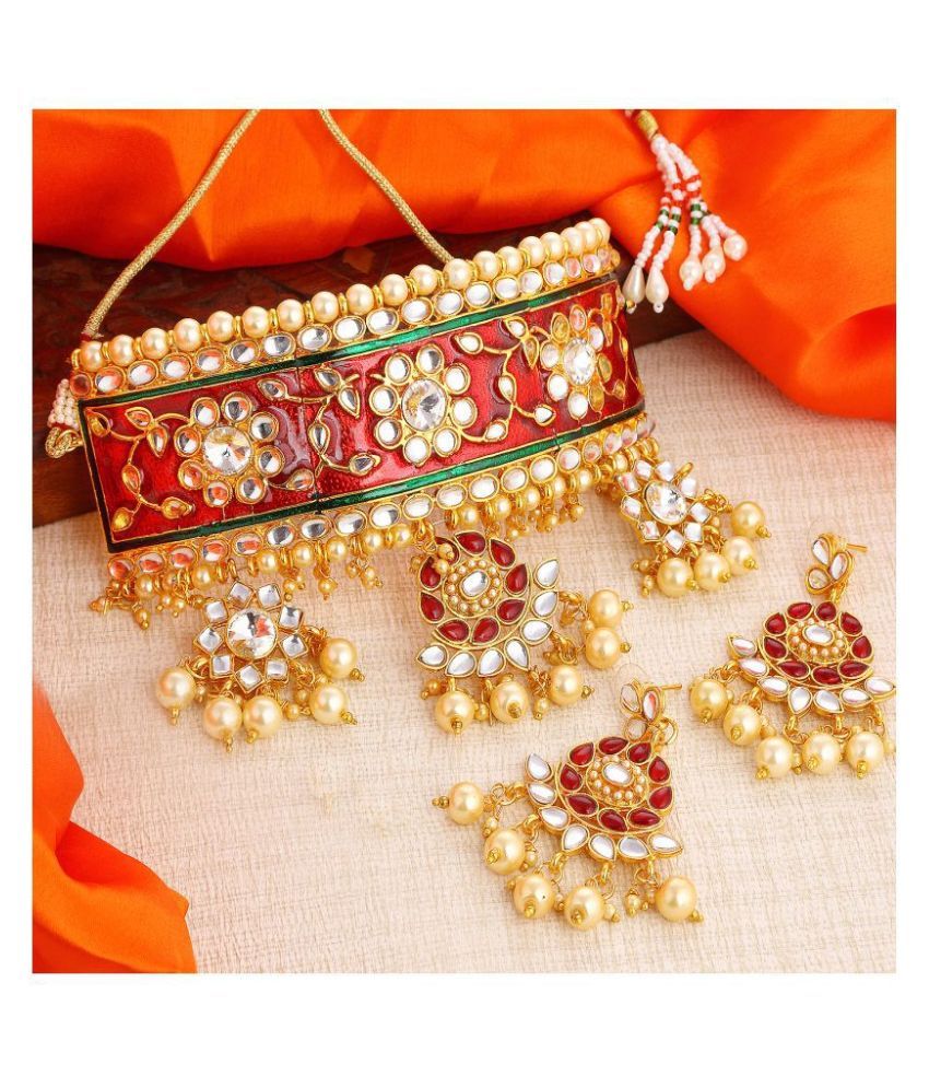     			Sukkhi Alloy Red Choker Traditional 18kt Gold Plated Necklaces Set