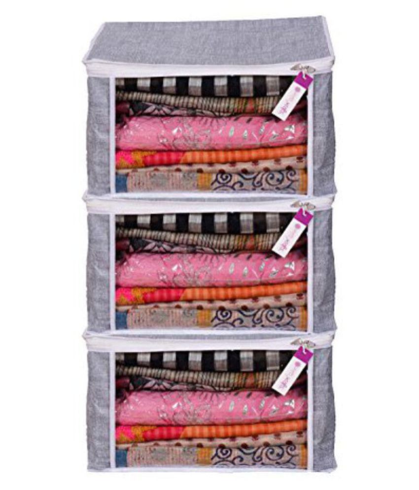     			Prettykrafts Saree Cover Set Of 3 Large/Jute Finish/Wardrobe Organiser/Clothes Bag_Greylarge