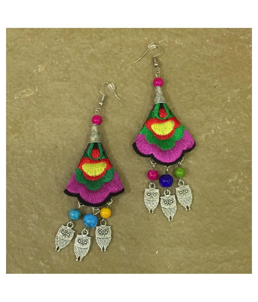 Digital Ethnic Silver Plated Oxidised Metal Alloy Hook Earrings Traditional lightweight Multicolored Embroidered Floral & Owl beads Dangler Earrings Stylish Fancy Party Wear Jewellery For Women & Girl