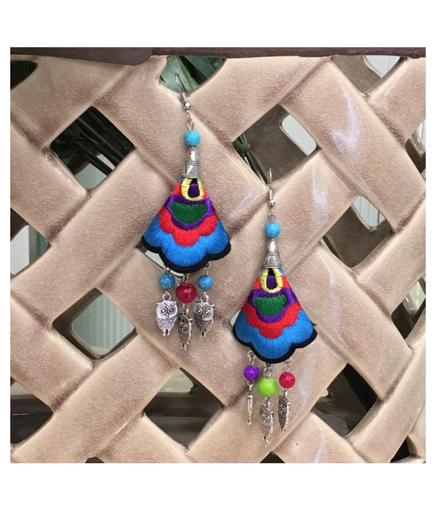     			Digital Ethnic Silver Plated Oxidised Metal Alloy Hook Earrings Traditional lightweight Multicolored Embroidered Floral & Owl beads Dangler Earrings Stylish Fancy Party Wear Jewellery For Women & Girl