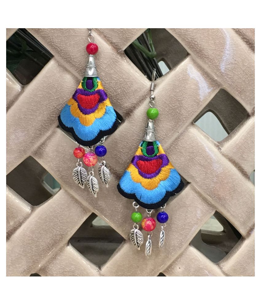    			Digital Ethnic Silver Plated Oxidised Metal Alloy Hook Earrings Traditional lightweight Multicolored Embroidered Floral & Leaf bead Dangler Earrings Stylish Fancy Party Wear Jewellery For Women & Girl