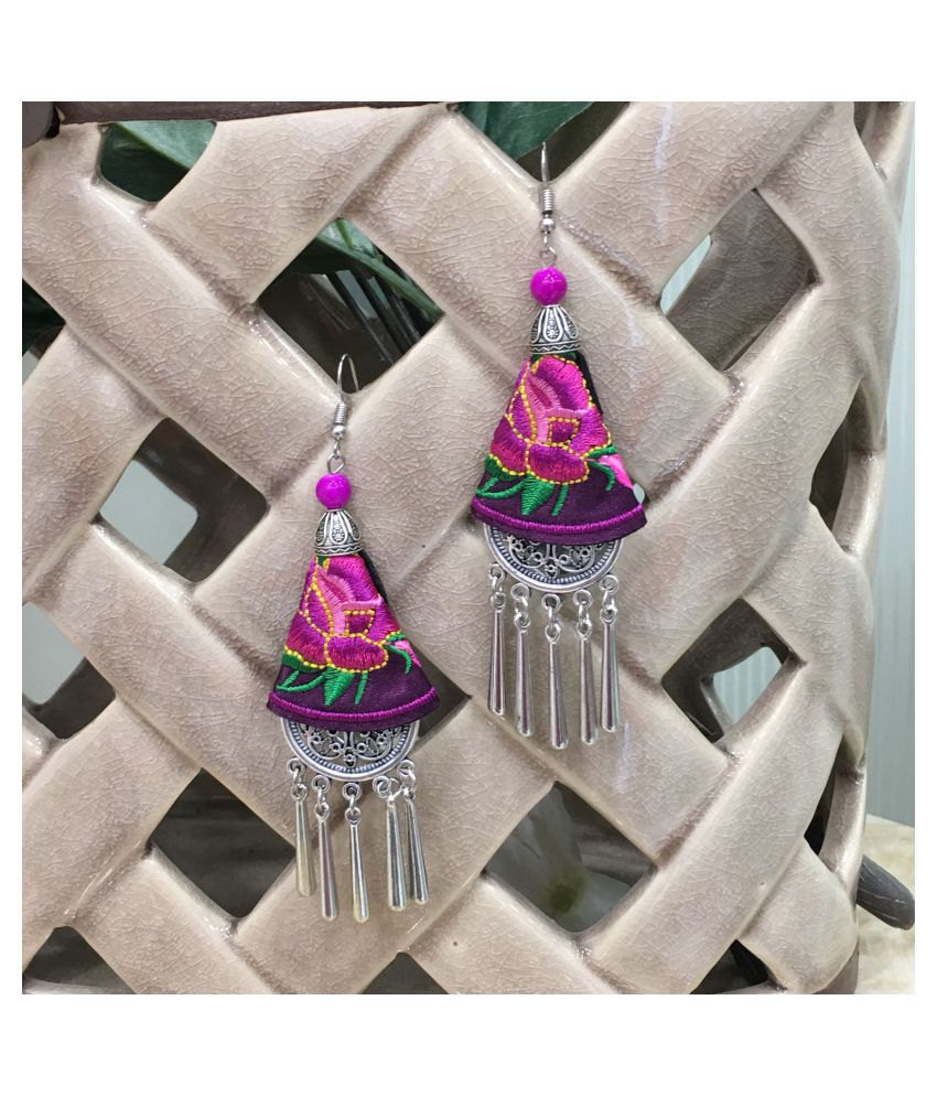     			Digital Ethnic Silver Plated Oxidised Metal Alloy Hook Earrings Traditional lightweight Multicolored Embroidered Floral & beads Dangler Earrings Stylish Fancy Party Wear Jewellery For Women and Girl