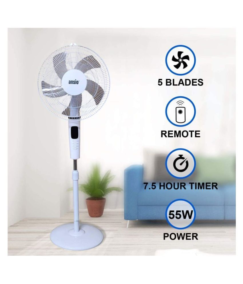 ANSIO Pedestal Fan with Remote 55 Watts, up to 1250 RPM (White) 400