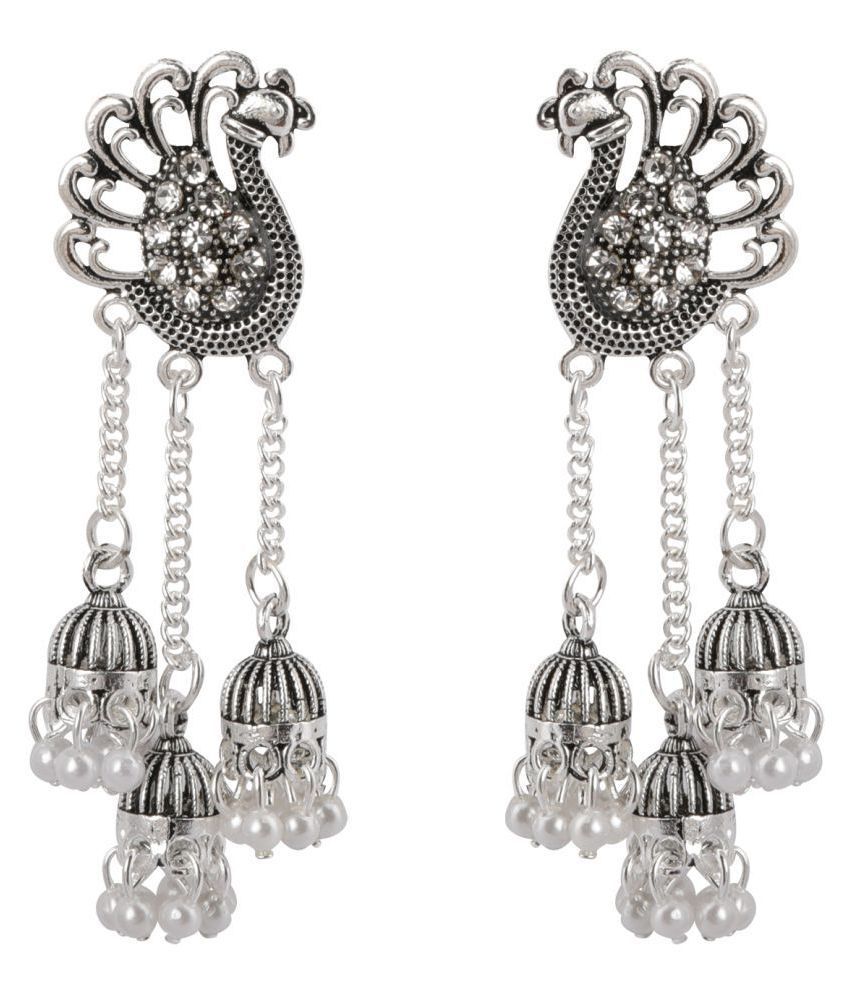     			Silver Shine Dazzling Silver Peacock Tassel Jhumki Earrings for Women