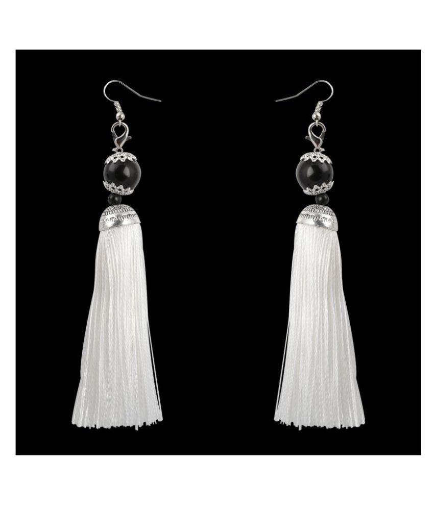     			Silver Shine Spunky White Long Thread Tassel Earrings for Women