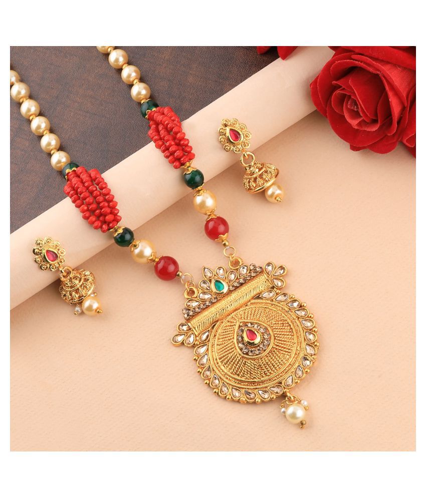     			SILVER SHINE Traditional Gold Plated Pearl Mala Pendant Set For Women Girl