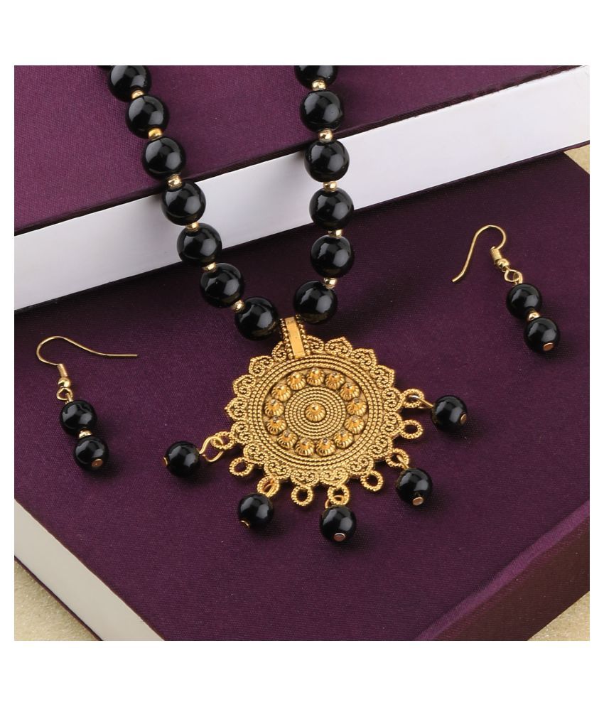     			SILVERSHINE Delicate  Gold Oxidised Pendant Black Pearl mala set for Women girl