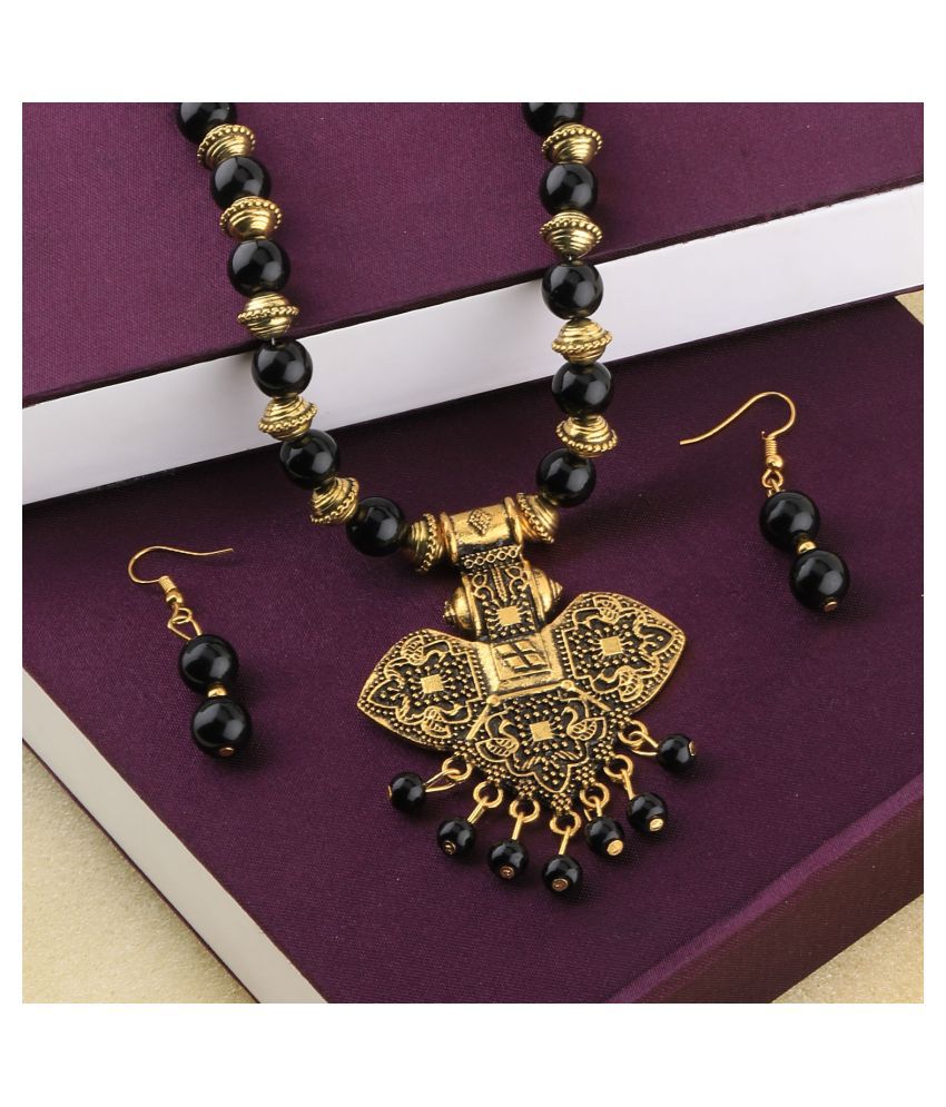     			SILVERSHINE Designer Different Gold Oxidised Pendant Black Pearl mala set for Women girl