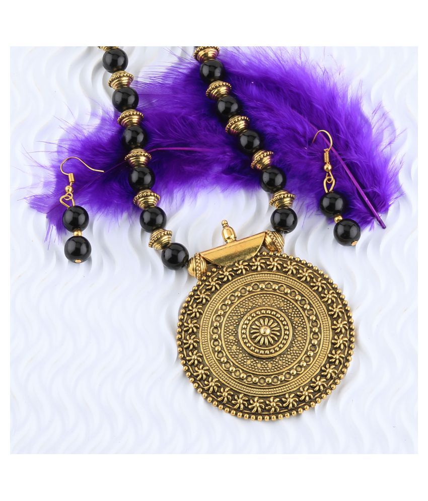     			SILVERSHINE Traditional Designer Gold Oxidised Big Pendant Black Pearl mala set for Women girl