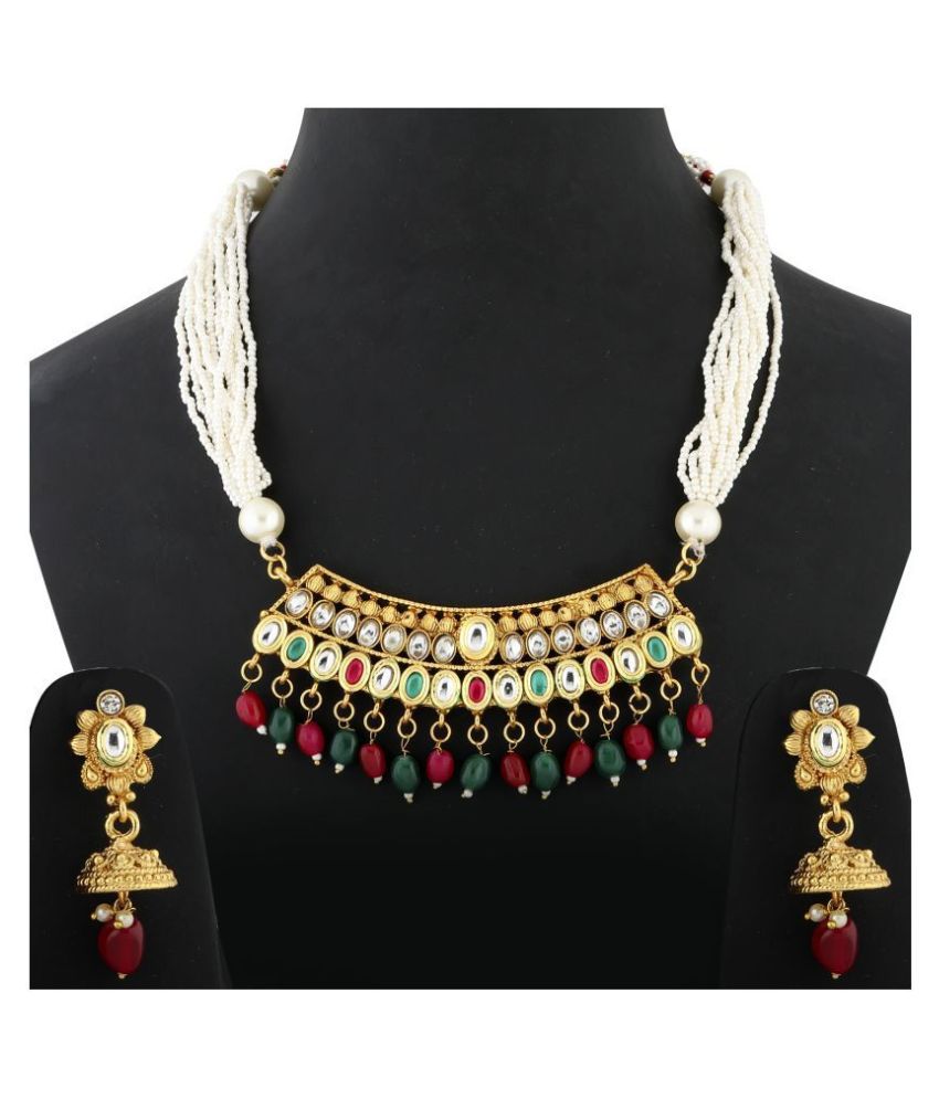     			Silver Shine exlusive Gold plated Traditional Red,Green and White Stone kundan Studded with Multi White bead line chain type Designer Mala Wedding Necklace jewellery set for Girls And Women