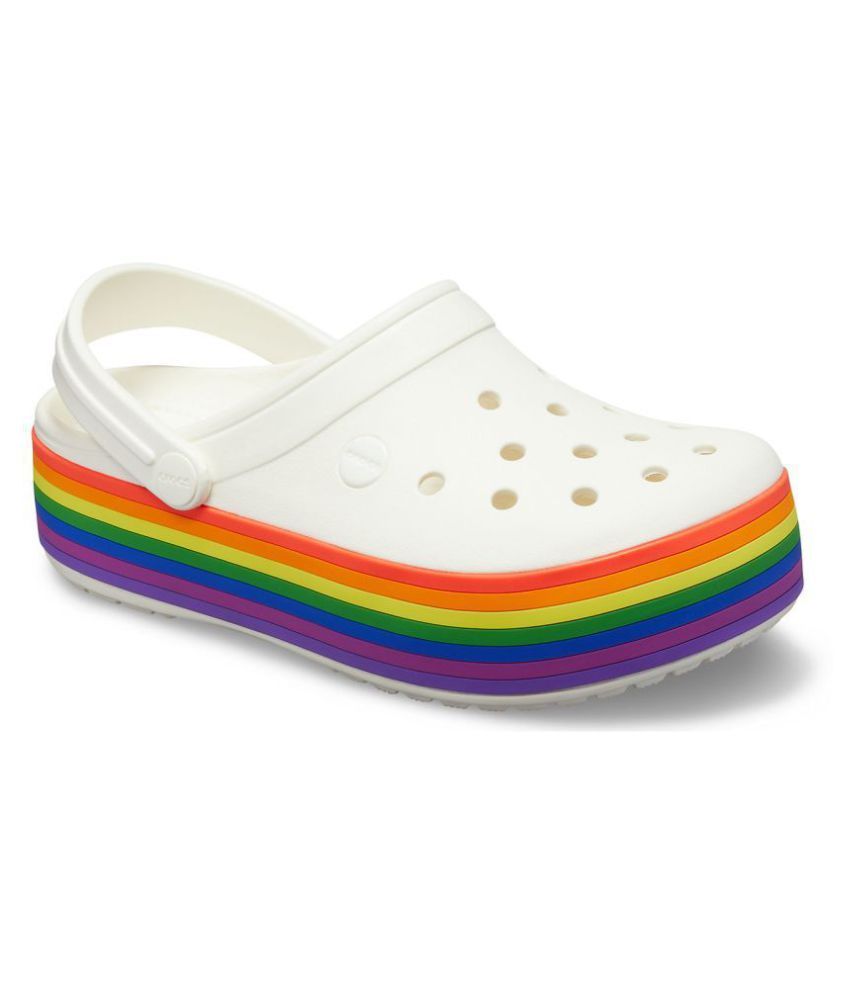 white crocs with rainbow writing