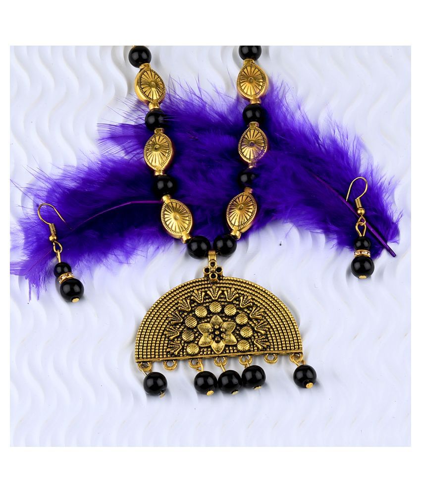     			SILVERSHINE Adjustable Attractive Gold Oxidised Half Circle Pendant Black Pearl mala set for Women girl