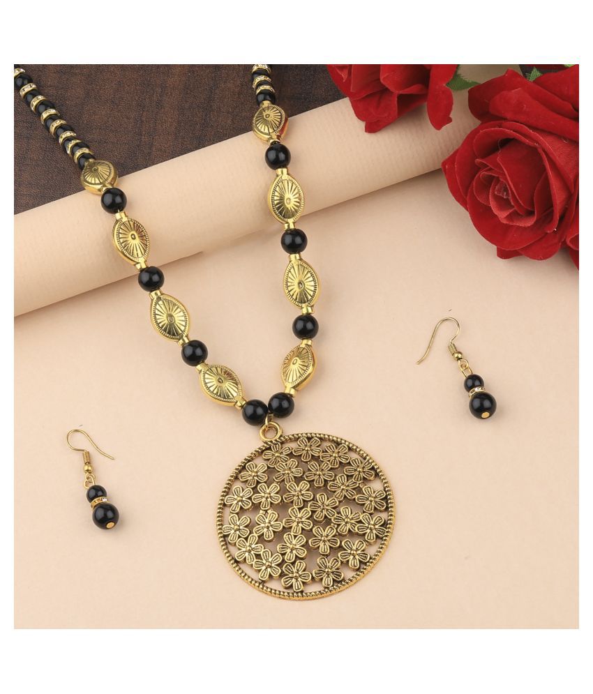     			SILVERSHINE Designer Adjustable Gold Oxidised Flower Pendant Black Pearl mala set for Women girl