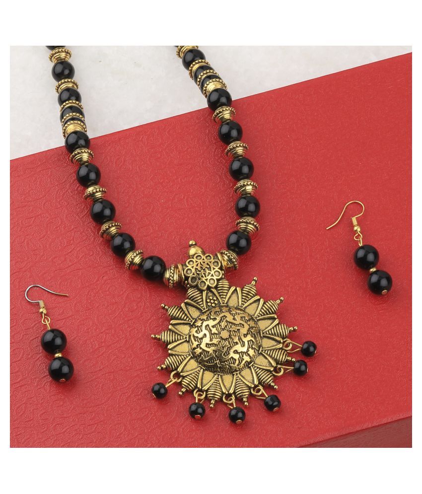     			SILVERSHINE Designer Adjustable Gold Oxidised Pendant Black Pearl mala set for Women girl