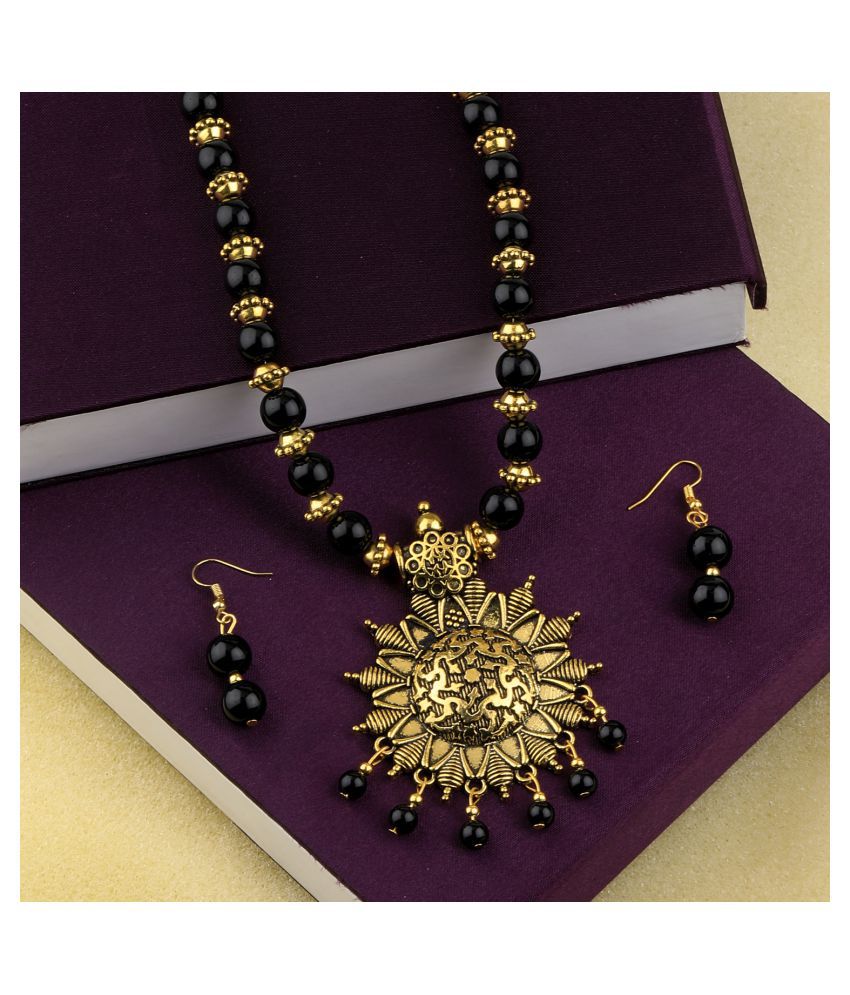     			SILVERSHINE Designer Adjustable Gold Oxidised Pendant Black Pearl mala set for Women girl