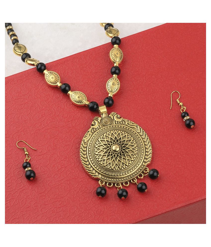     			SILVERSHINE Ethic Designer Adjustable Gold Oxidised Pendant Black Pearl mala set for Women girl