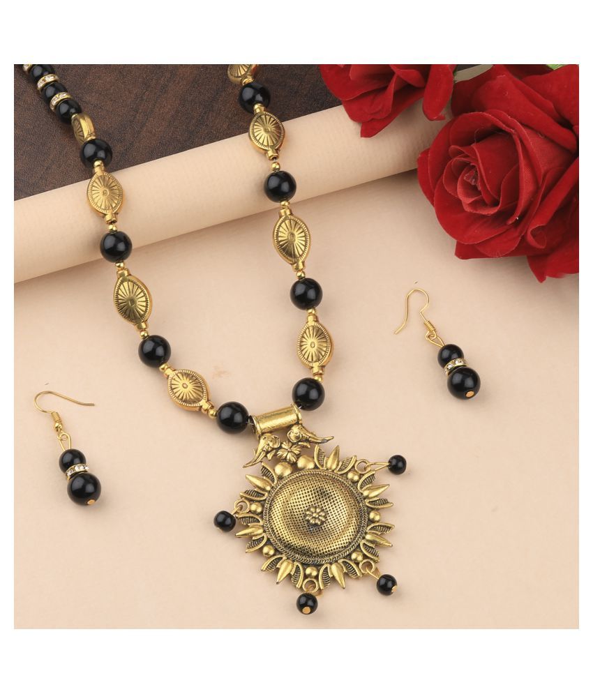     			SILVERSHINE Ethic Designer Adjustable Gold Oxidised Pendant Black Pearl mala set for Women girl