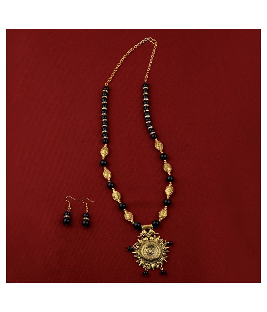     			SILVERSHINE Ethic Designer Adjustable Gold Oxidised Pendant Black Pearl mala set for Women girl