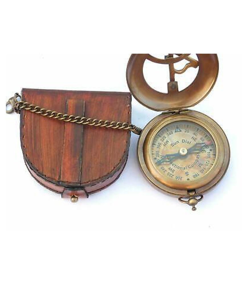 Brass Sundial Compass Push Open Compass SteampunK with Leather Case and Chain 
