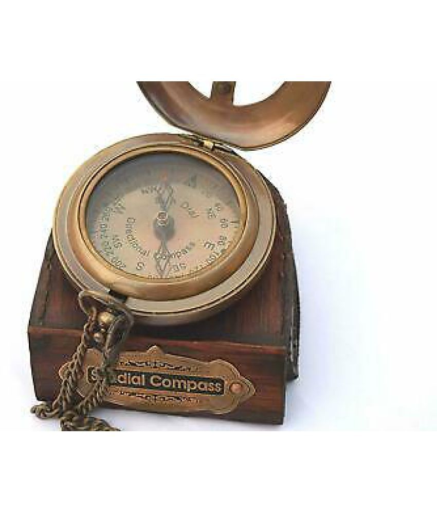 Brass Sundial Compass Push Open Compass SteampunK with Leather Case and Chain 